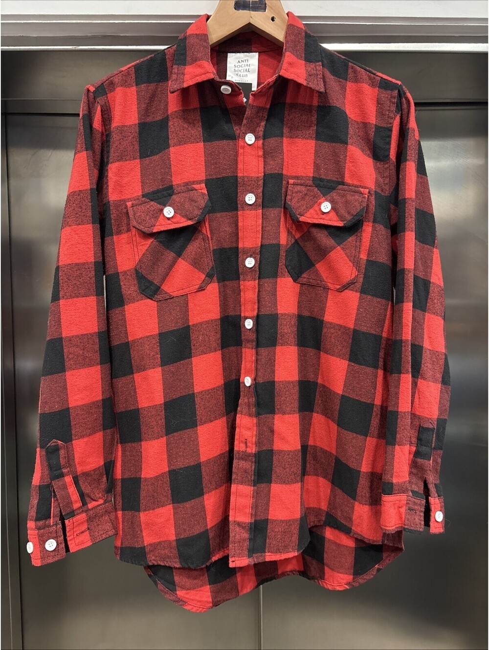 Men’s Red Plaid Anti Social Social Club Logo Back Graphic Button Up Shirt Sz L